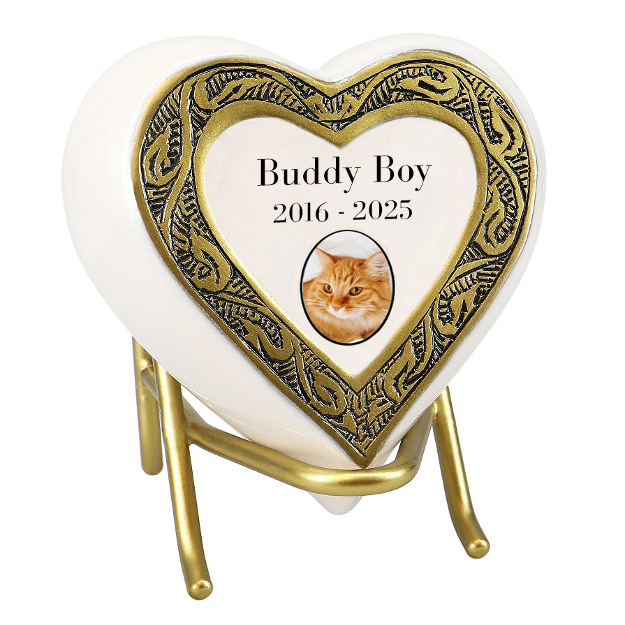 Small Cat Golden Heart Photo or Paw Prints Urn - Brass Urn - Free Golden Stand