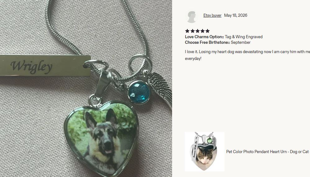 Pet Color Photo Swing Heart Locket Urn - Cat or Dog - Love Charms® Option