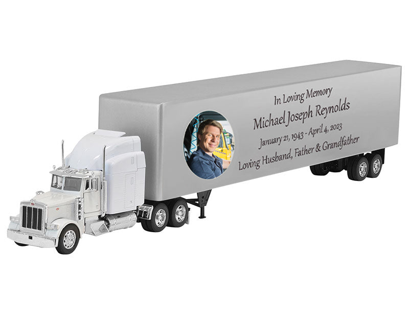 Trailer Cremation Urn & Peterbilt 379 White Truck Décor