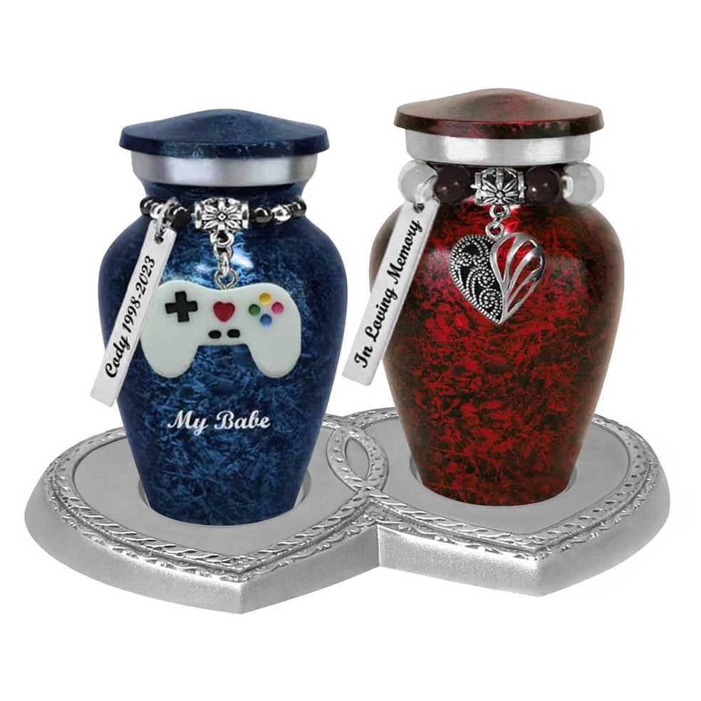Double Heart Pewter Memorial Stand - For 2 Mini Urns