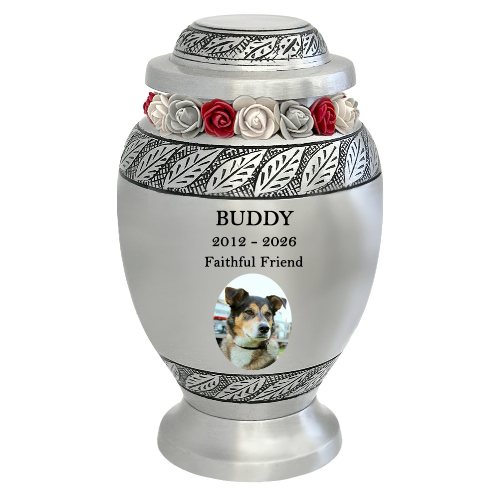 Pewter Leaves Pet Photo Urn - Tribute Wreath™ Option - Pro Diamond Engraving