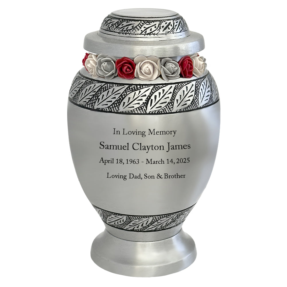 Pewter Leaves Medium Urn - Tribute Wreath™ Option - Pro Diamond Engraving