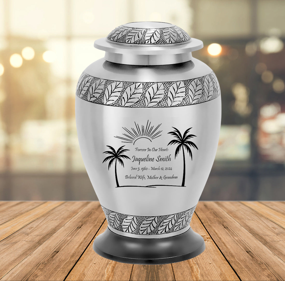 Silver Palm Trees Adult Cremation Urn - Pro Diamond Engraving