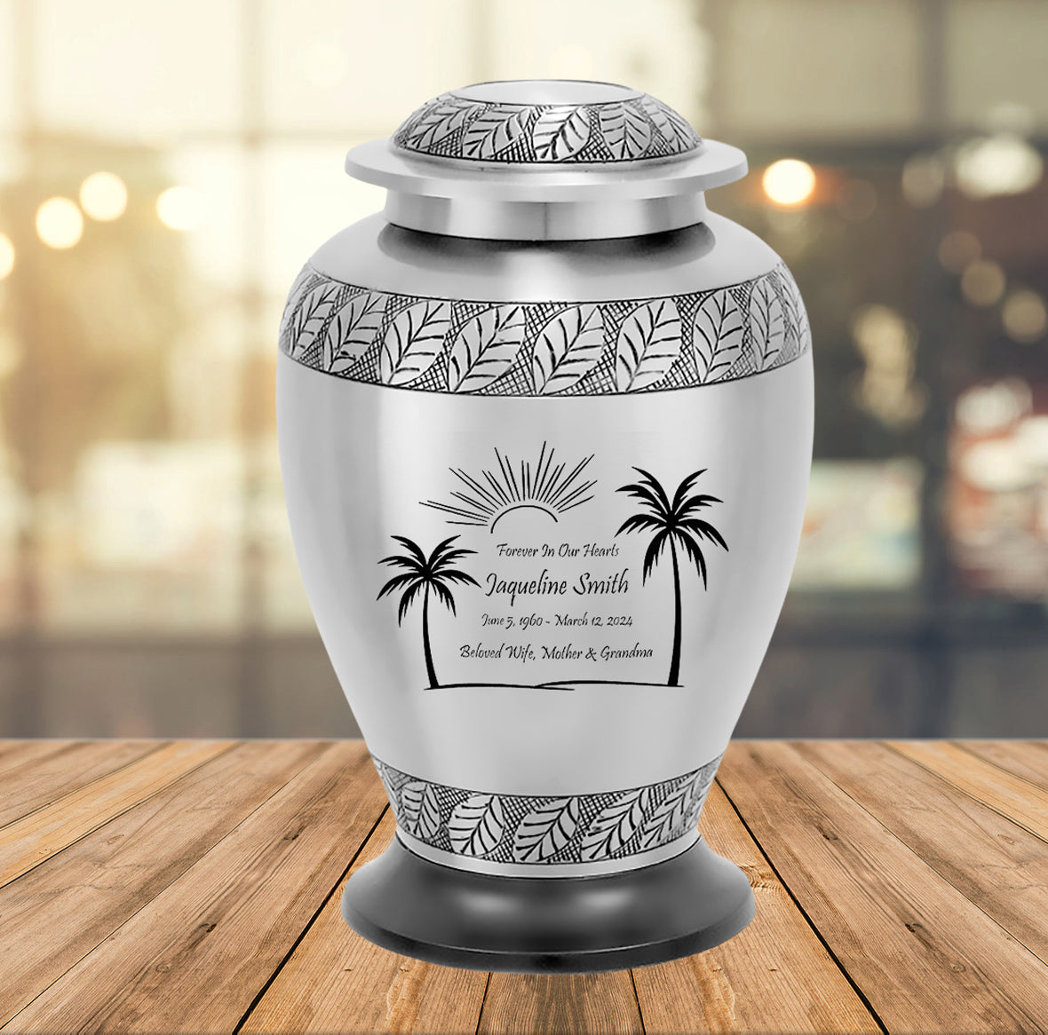 Silver Palm Trees Adult Cremation Urn - Pro Diamond Engraving