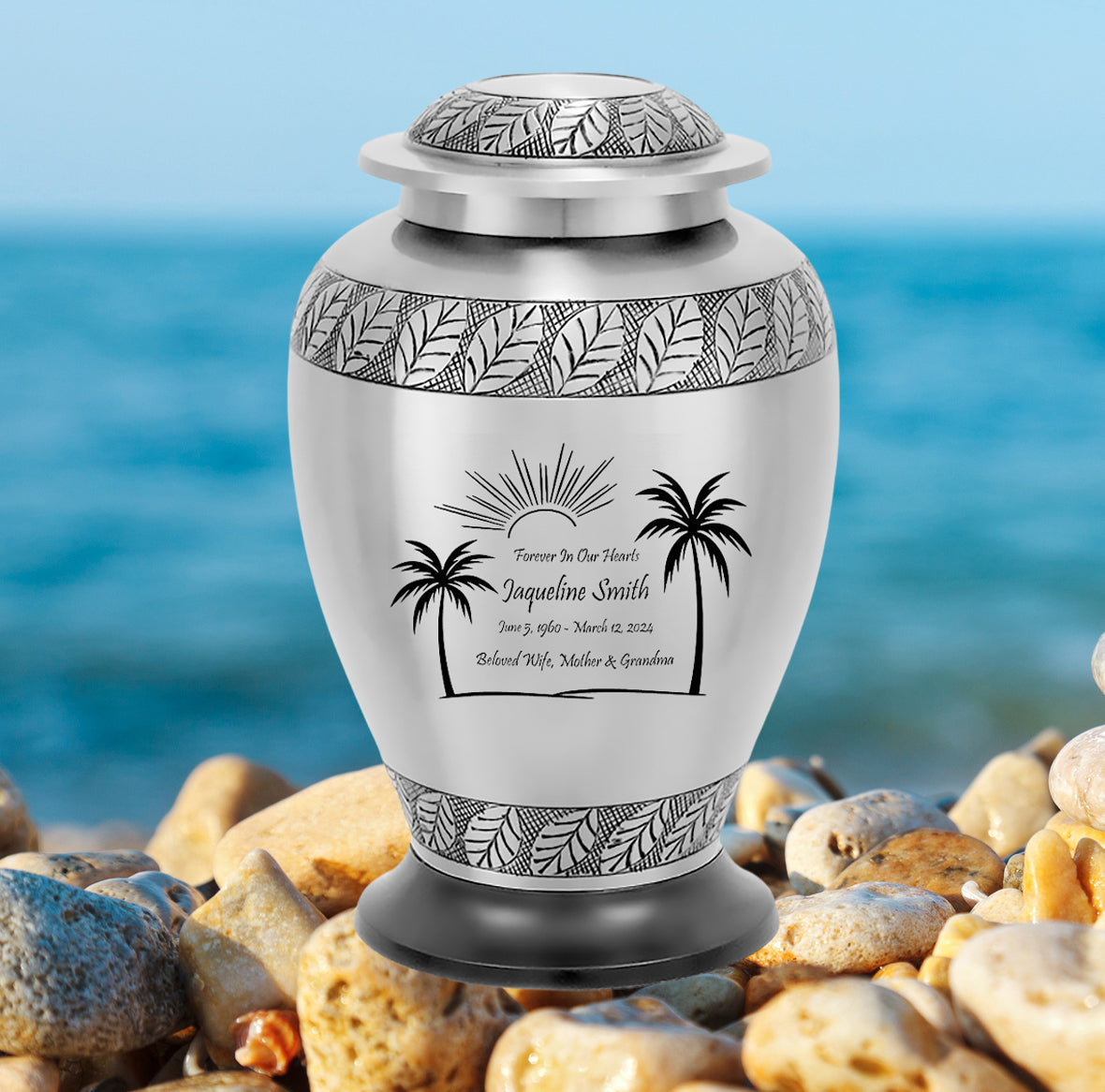 Silver Palm Trees Adult Cremation Urn - Pro Diamond Engraving