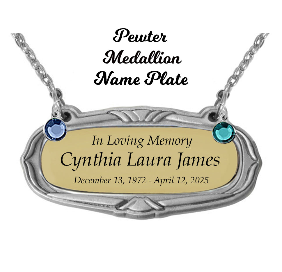 Gold & Pewter Medallion Urn Name Plates - Birth & Passing Stone Option