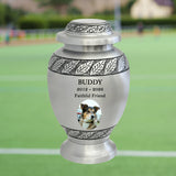 Pewter Leaves Pet Photo Urn - Tribute Wreath™ Option - Pro Diamond Engraving