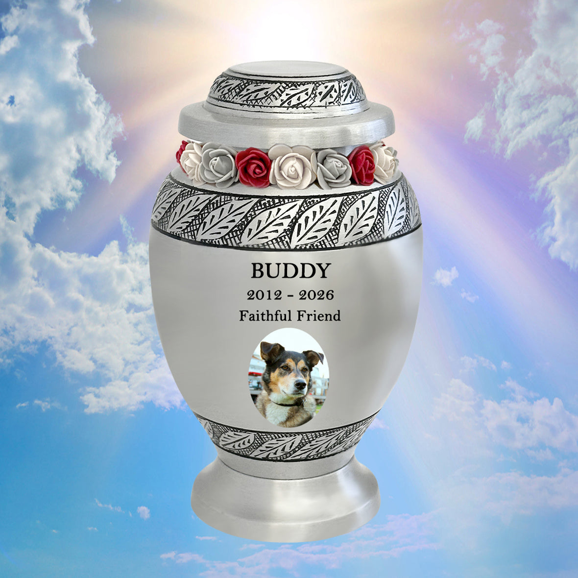 Pewter Leaves Pet Photo Urn - Tribute Wreath™ Option - Pro Diamond Engraving