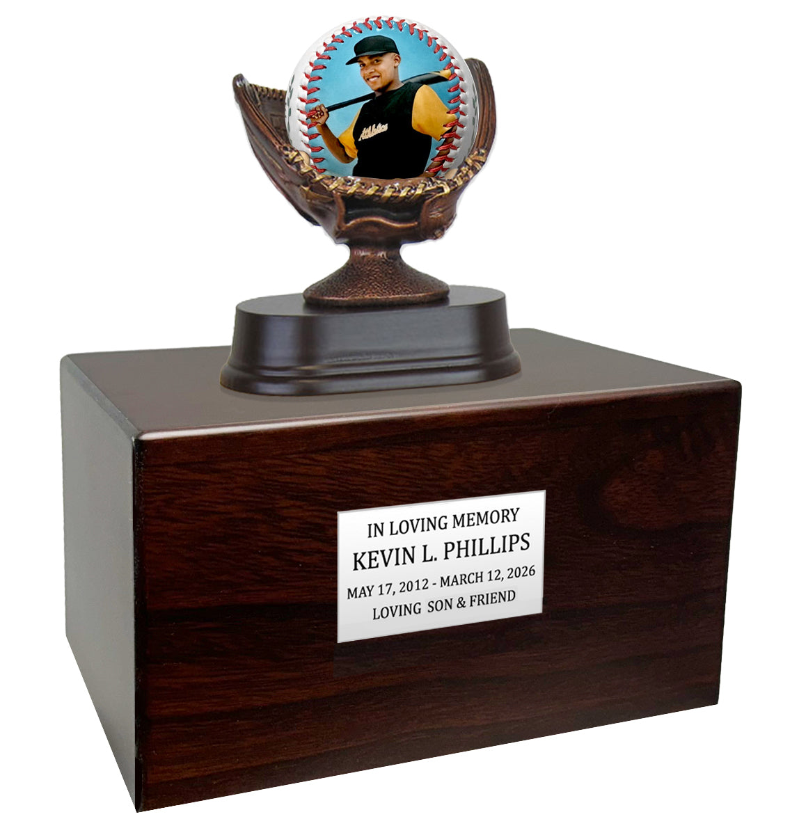 Photo Baseball Mitt Adult or Youth Cremation Urn - Free Engraved Pewter Plate