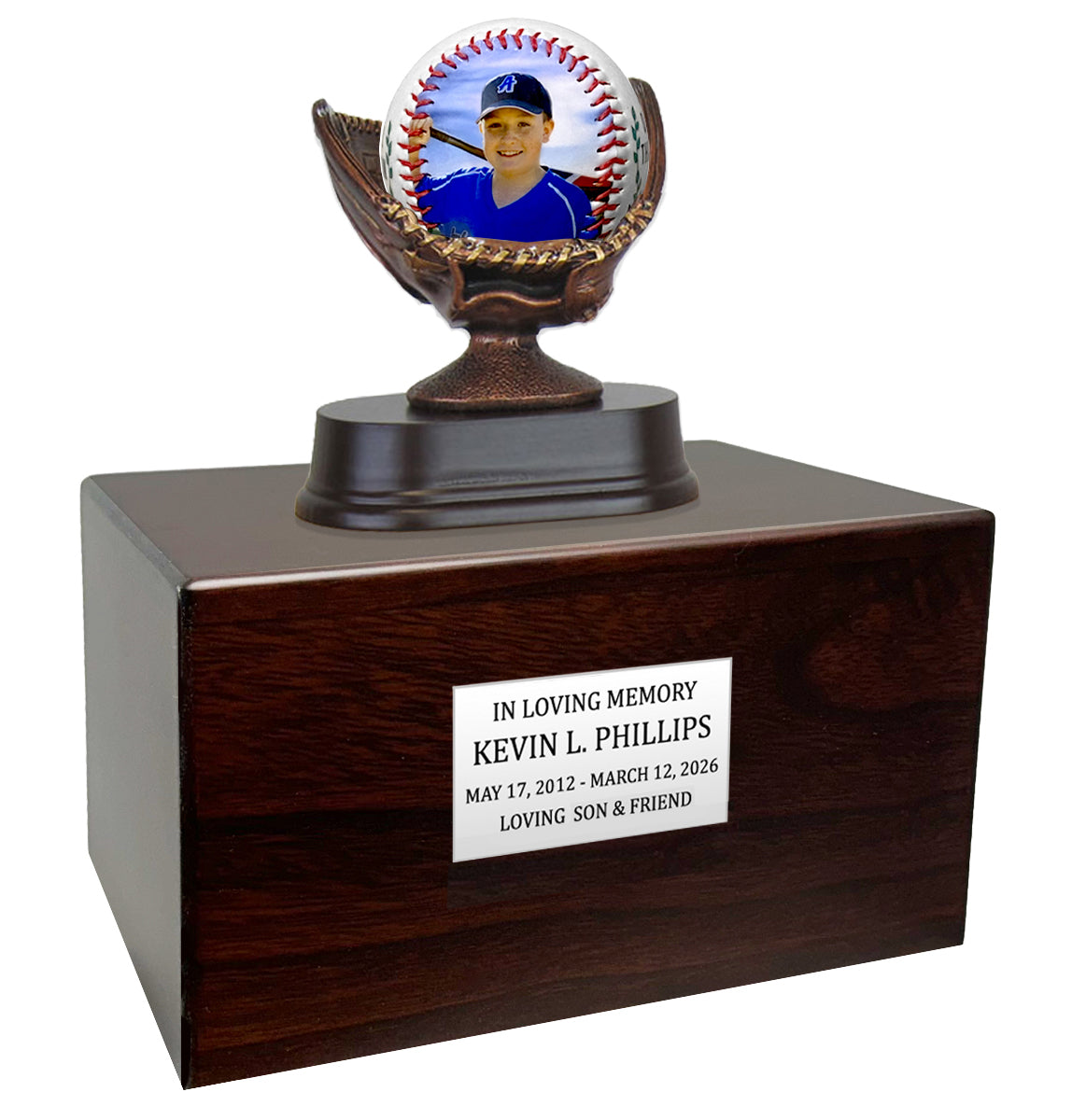 Photo Baseball Mitt Adult or Youth Cremation Urn - Free Engraved Pewter Plate