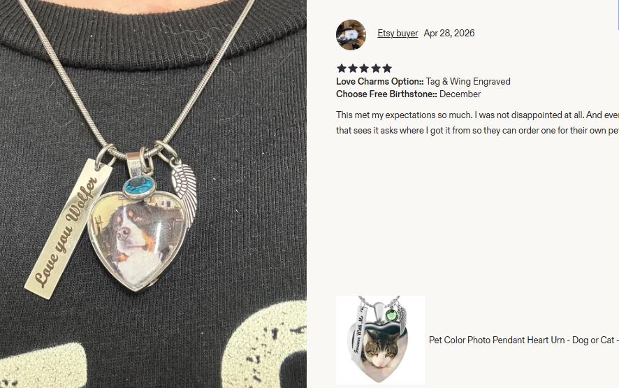 Pet Color Photo Swing Heart Locket Urn - Cat or Dog - Love Charms® Option