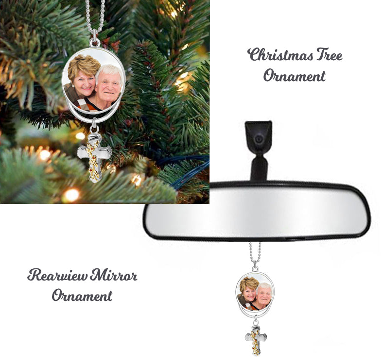 Rose Cross Urn & Photo Medallion Christmas Ornament
