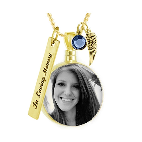 Black & White Round Gold Photo Pendant Urn - Love Charms Option