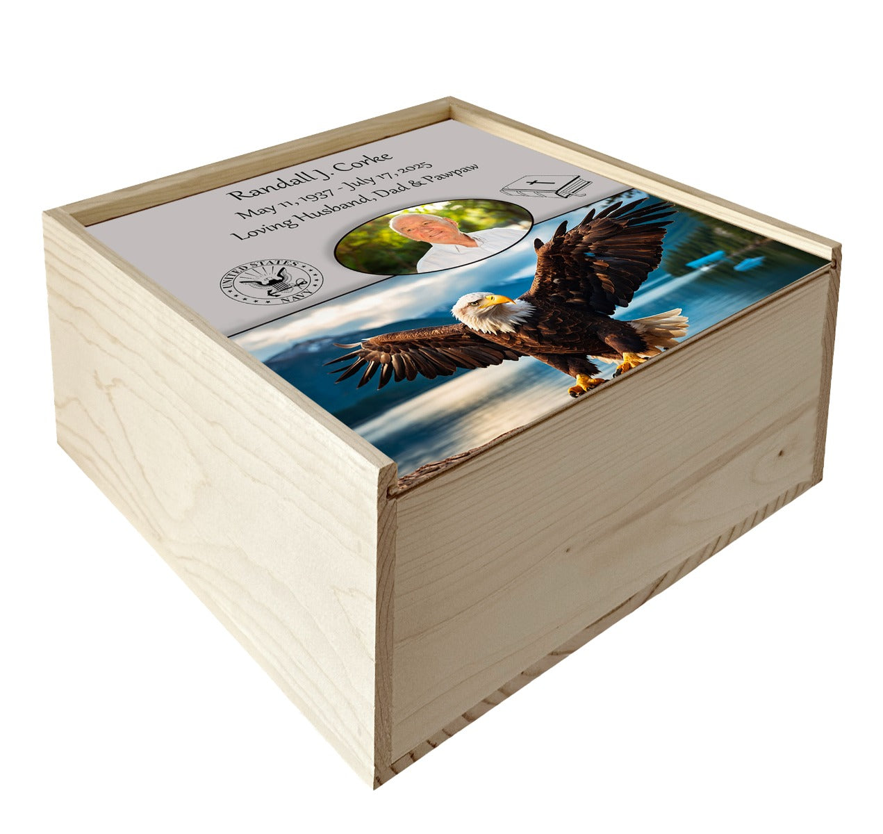 American Eagle Pine Box Photo Urn - Made in USA - Adult Cremation Wood Urn