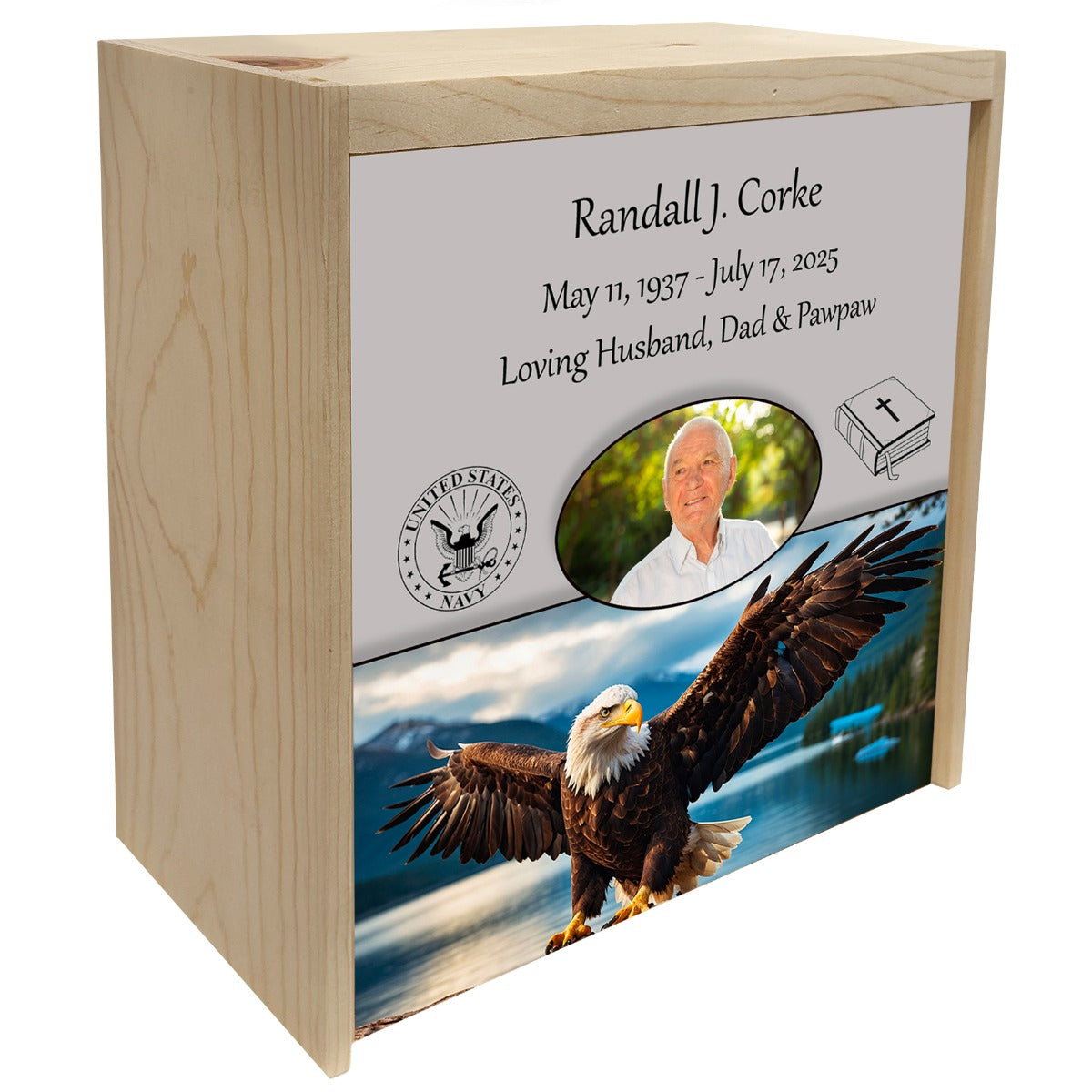 American Eagle Pine Box Photo Urn - Made in USA - Adult Cremation Wood Urn