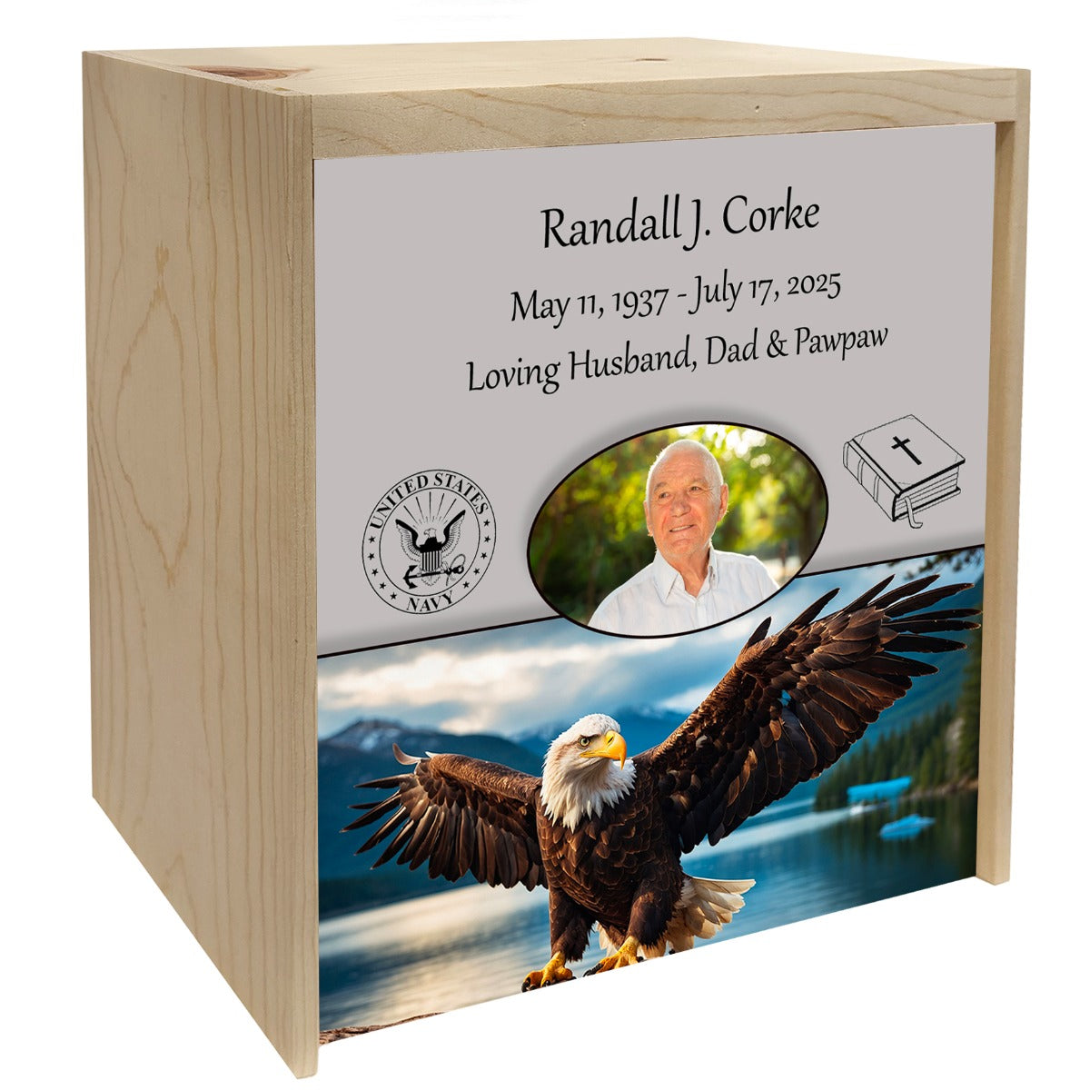 American Eagle Pine Box Photo Urn - Made in USA - Adult Cremation Wood Urn