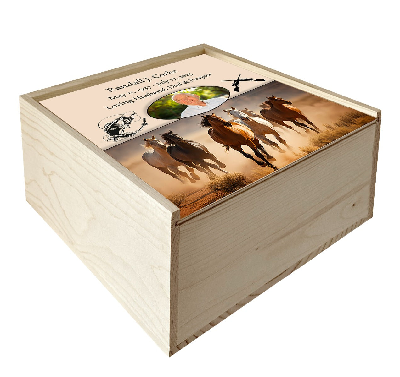 Horse Stampede Pine Box Photo Urn - Made in USA - Adult Cremation Wood Urn