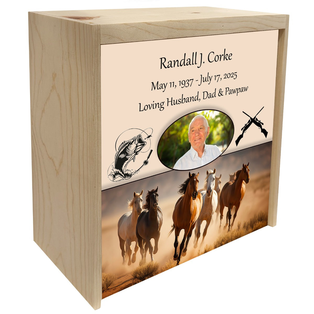 Horse Stampede Pine Box Photo Urn - Made in USA - Adult Cremation Wood Urn
