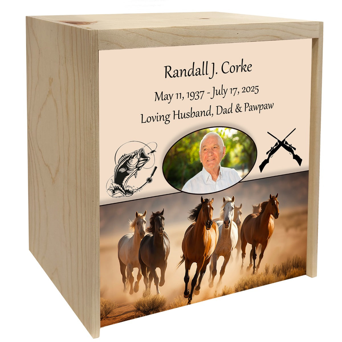 Horse Stampede Pine Box Photo Urn - Made in USA - Adult Cremation Wood Urn
