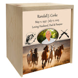Horse Stampede Pine Box Photo Urn - Made in USA - Adult Cremation Wood Urn