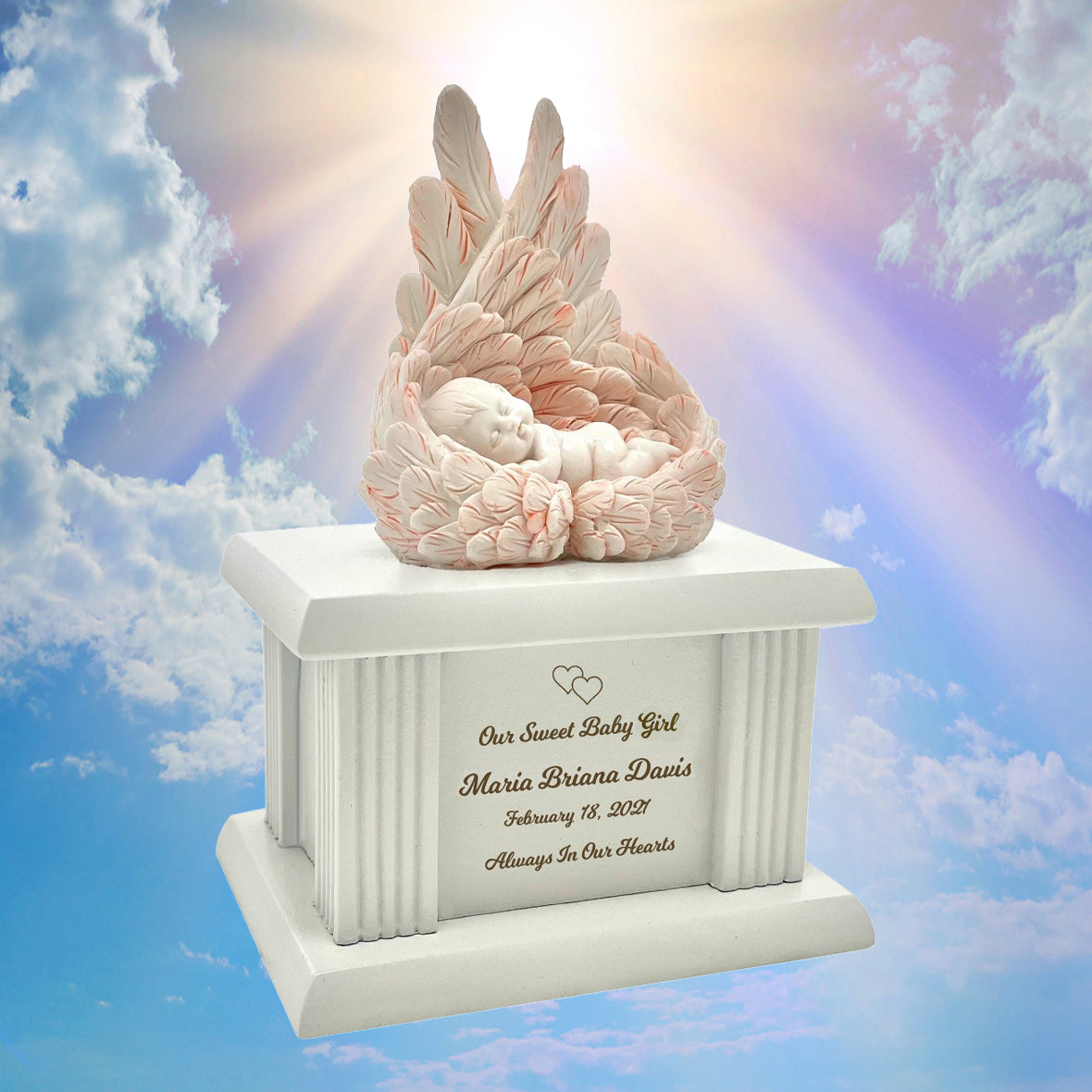 New Born Infant Pink Angel Column Urn - Baby Girl Urn For Infants