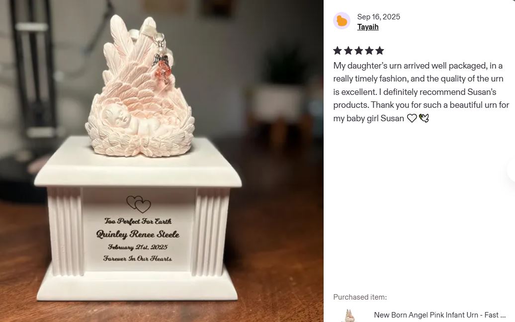 New Born Infant Pink Angel Column Urn - Baby Girl Urn For Infants