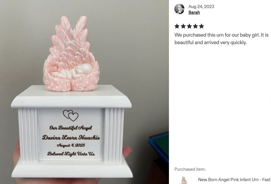 New Born Infant Pink Angel Column Urn - Baby Girl Urn For Infants