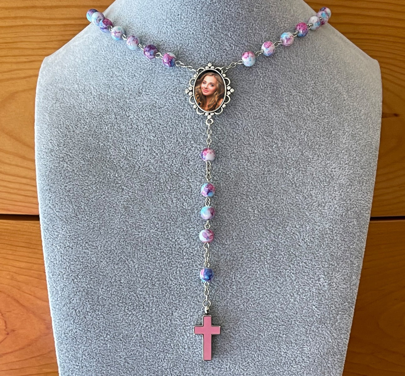 Pastel Pink Photo Rosary Necklace Urn