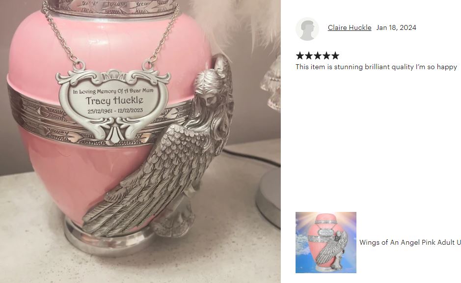 Wings of an Angel Pink Adult Urn - Pro Laser Engraving - Burial Vault Option