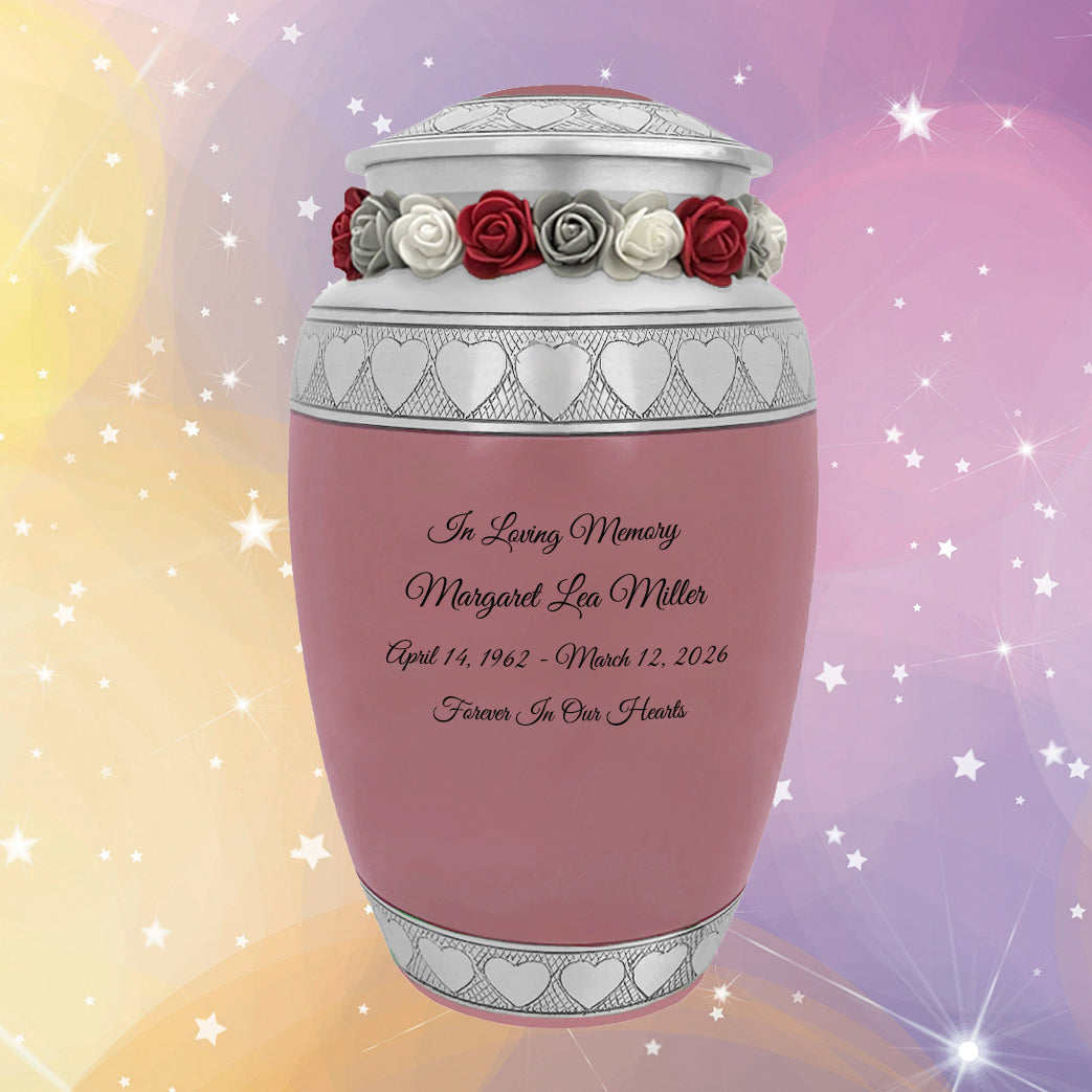 Pink Hearts Pewter Adult Urn - Tribute Wreath™ - Pro Laser Engraving - Burial Vault Option