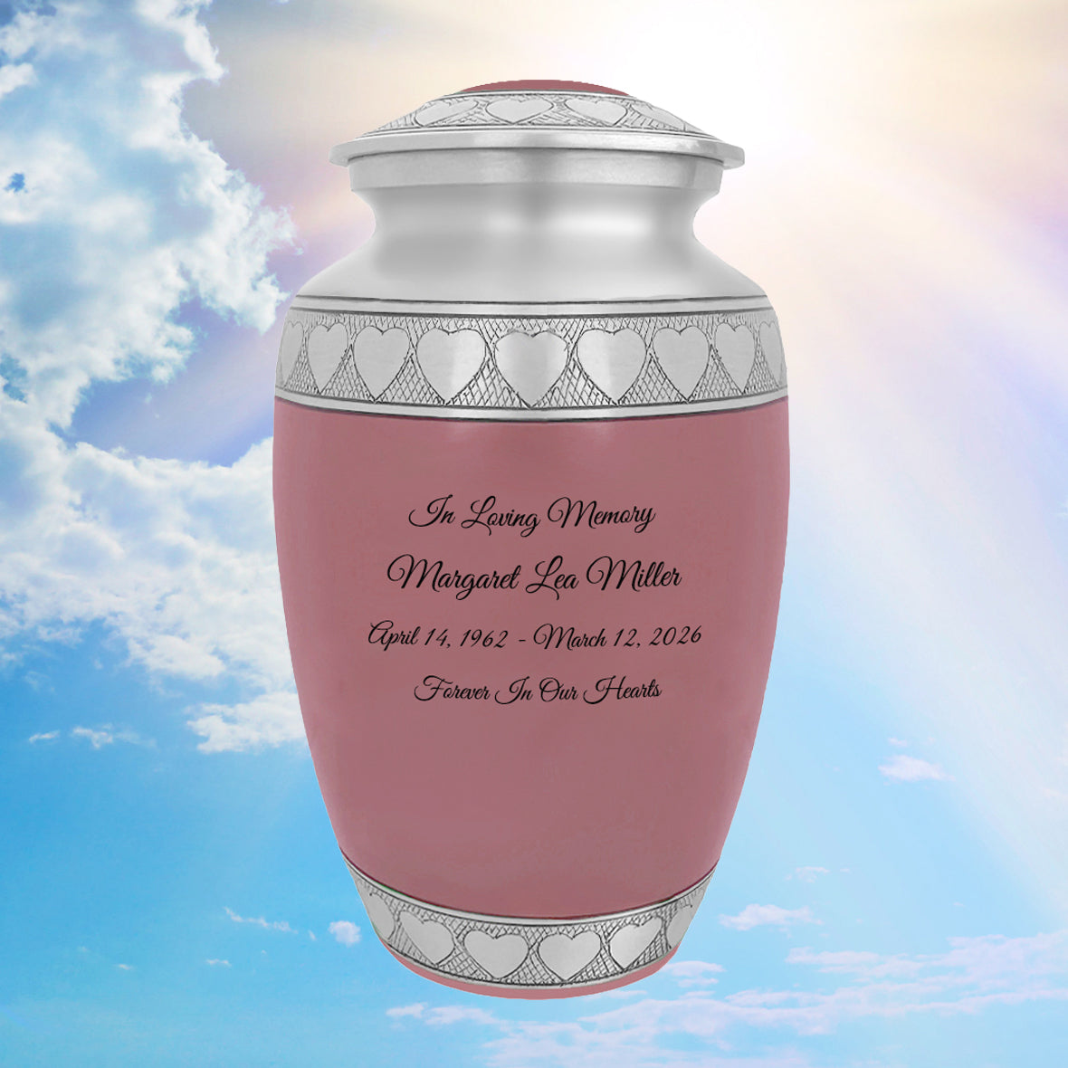 Pink Hearts Pewter Adult Urn - Tribute Wreath™ - Pro Laser Engraving - Burial Vault Option