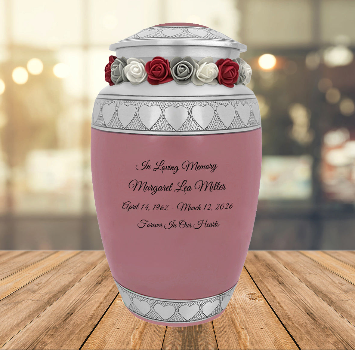Pink Hearts Pewter Adult Urn - Tribute Wreath™ - Pro Laser Engraving - Burial Vault Option