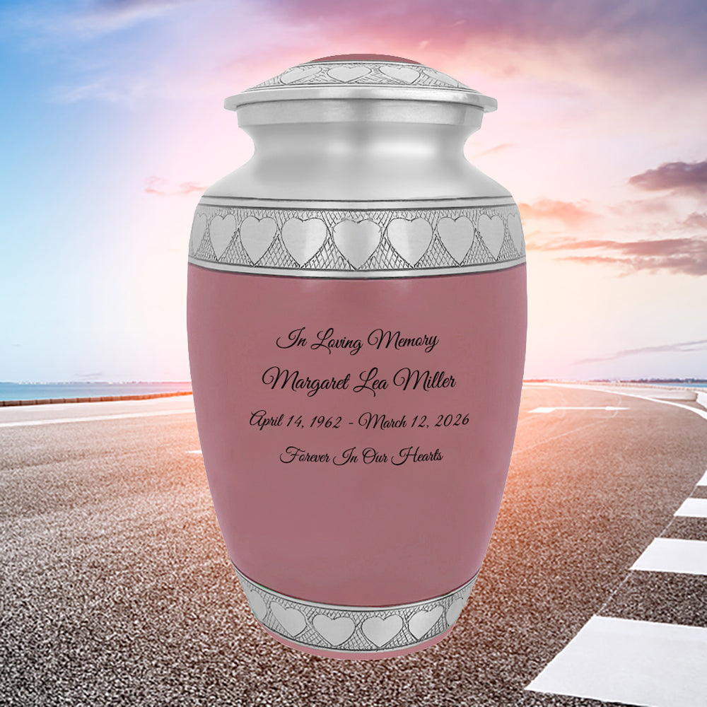 Pink Hearts Pewter Adult Urn - Tribute Wreath™ - Pro Laser Engraving - Burial Vault Option