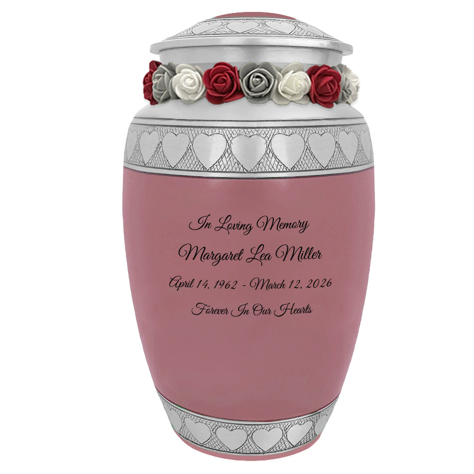 Pink Hearts Pewter Adult Urn - Tribute Wreath™ - Pro Laser Engraving - Burial Vault Option