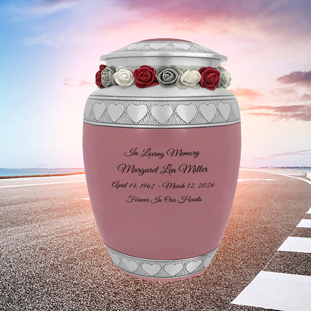 Pink Hearts Pewter Medium Urn - Tribute Wreath™ - Pro Laser Engraving