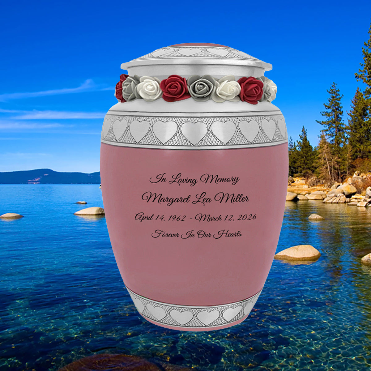 Pink Hearts Pewter Medium Urn - Tribute Wreath™ - Pro Laser Engraving