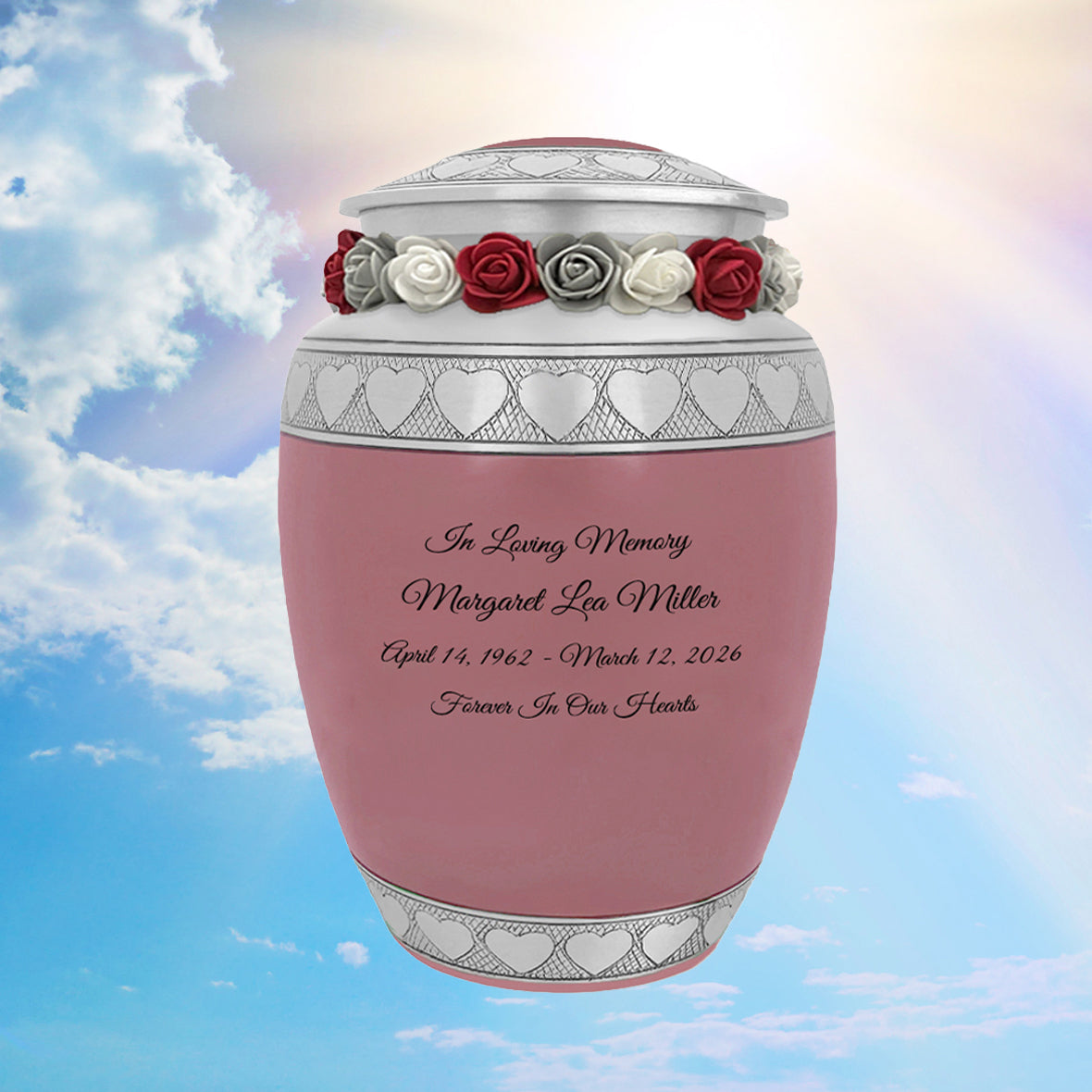 Pink Hearts Pewter Medium Urn - Tribute Wreath™ - Pro Laser Engraving