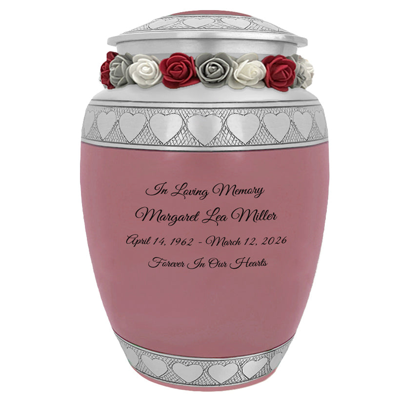 Pink Hearts Pewter Medium Urn - Tribute Wreath™ - Pro Laser Engraving
