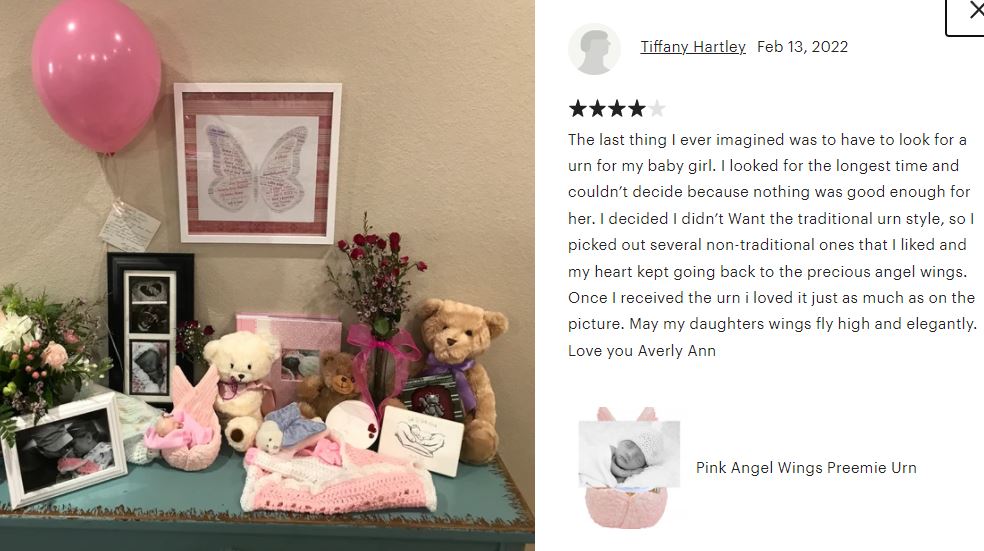 Pink Angel Wings Preemie Infant Urn - Plate Option