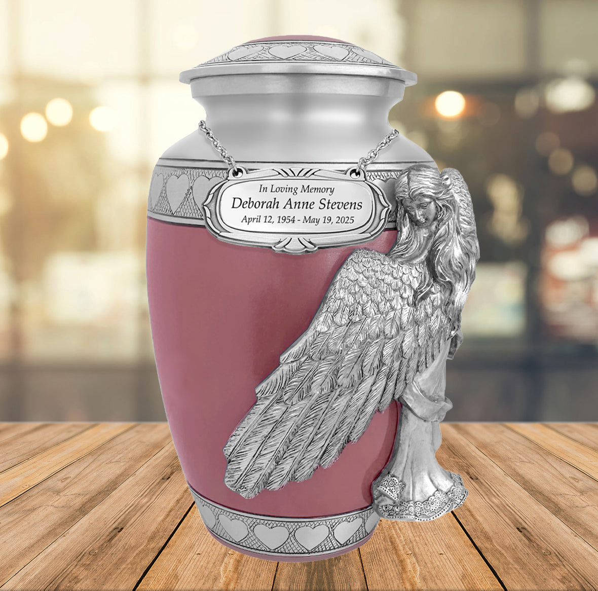 Wings of an Angel Pink Hearts Adult Urn - Pro Laser Engraving - Burial Vault Option