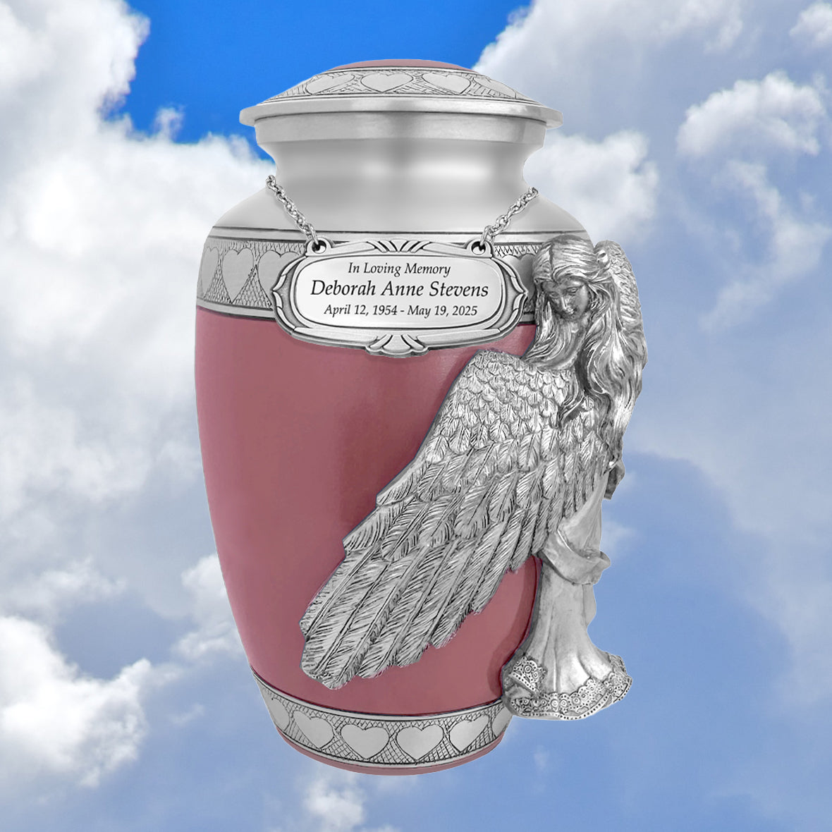 Wings of an Angel Pink Hearts Adult Urn - Pro Laser Engraving - Burial Vault Option