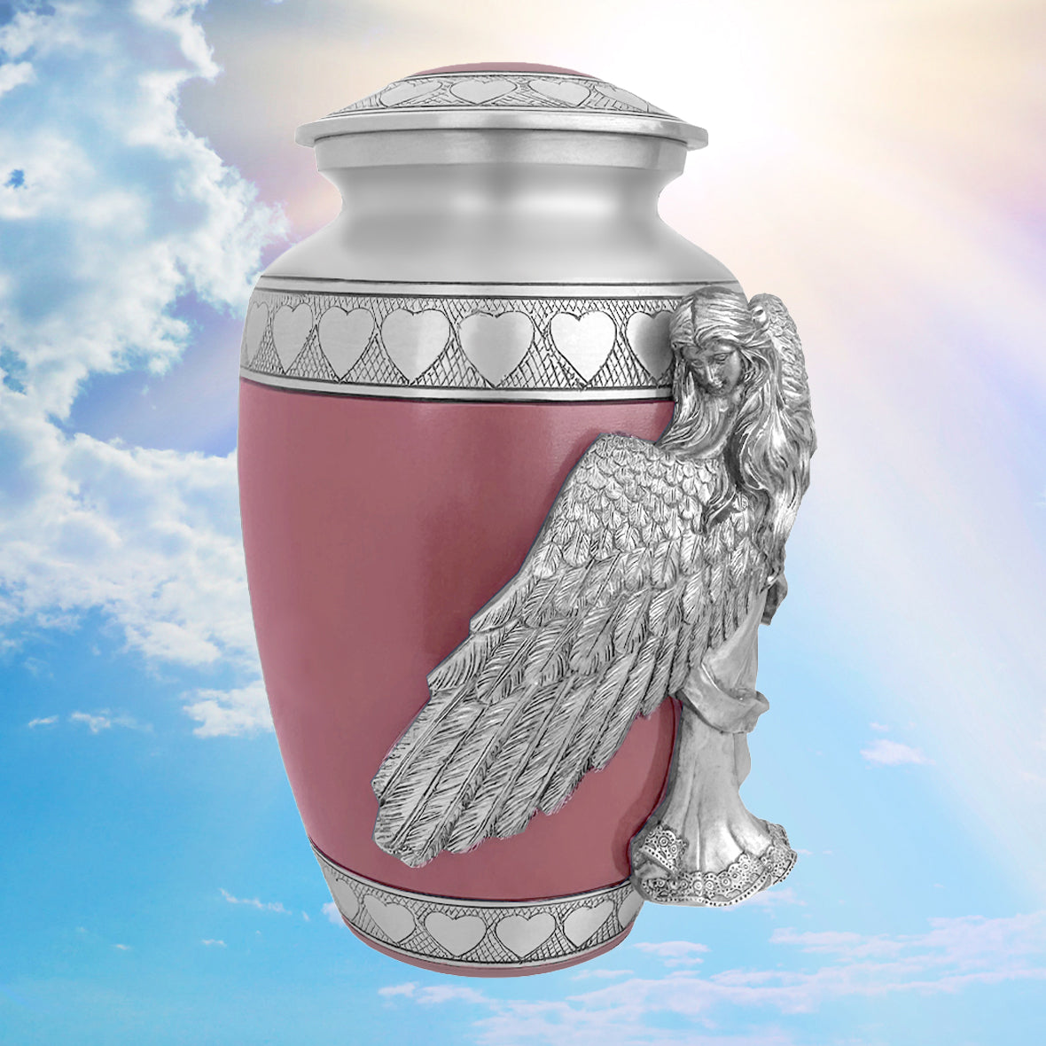 Wings of an Angel Pink Hearts Adult Urn - Pro Laser Engraving - Burial Vault Option