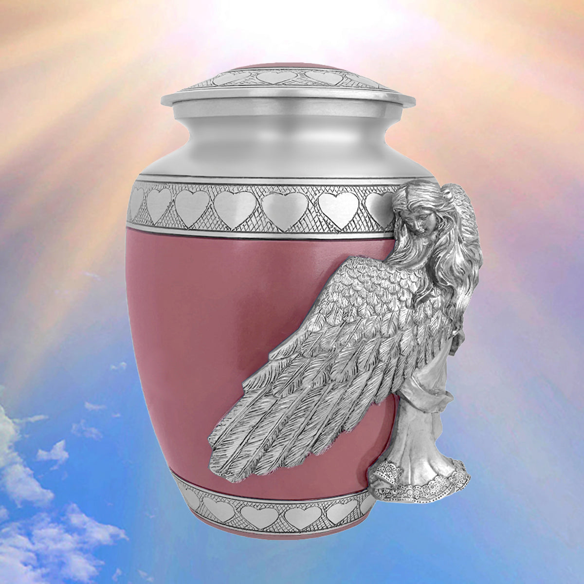 Medium, Youth or Pet Wings of an Angel Pink Hearts Urn - Pro Laser Engraving