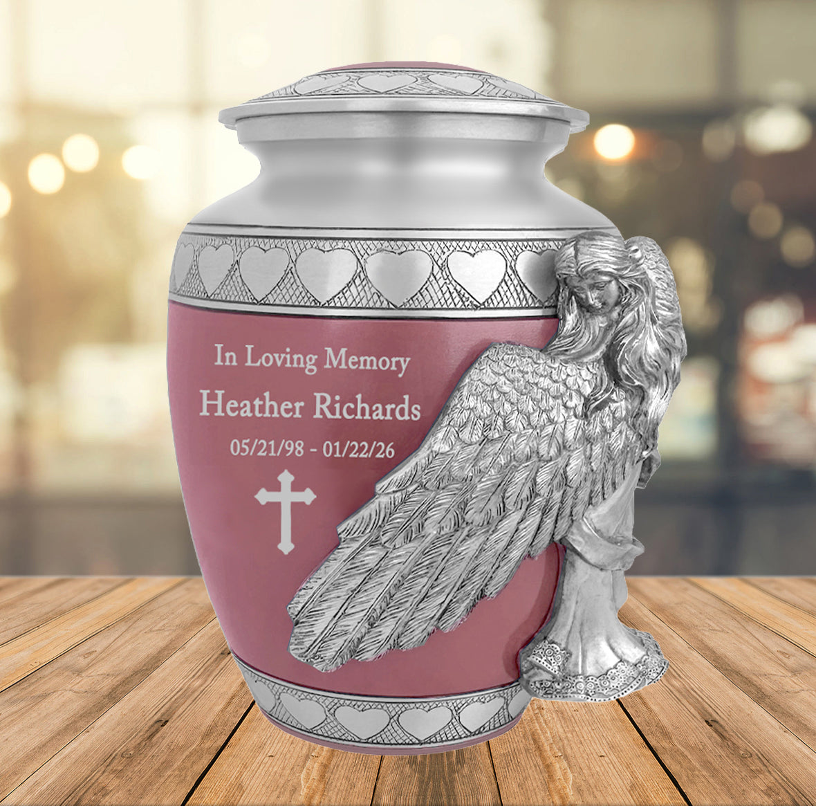 Medium, Youth or Pet Wings of an Angel Pink Hearts Urn - Pro Laser Engraving