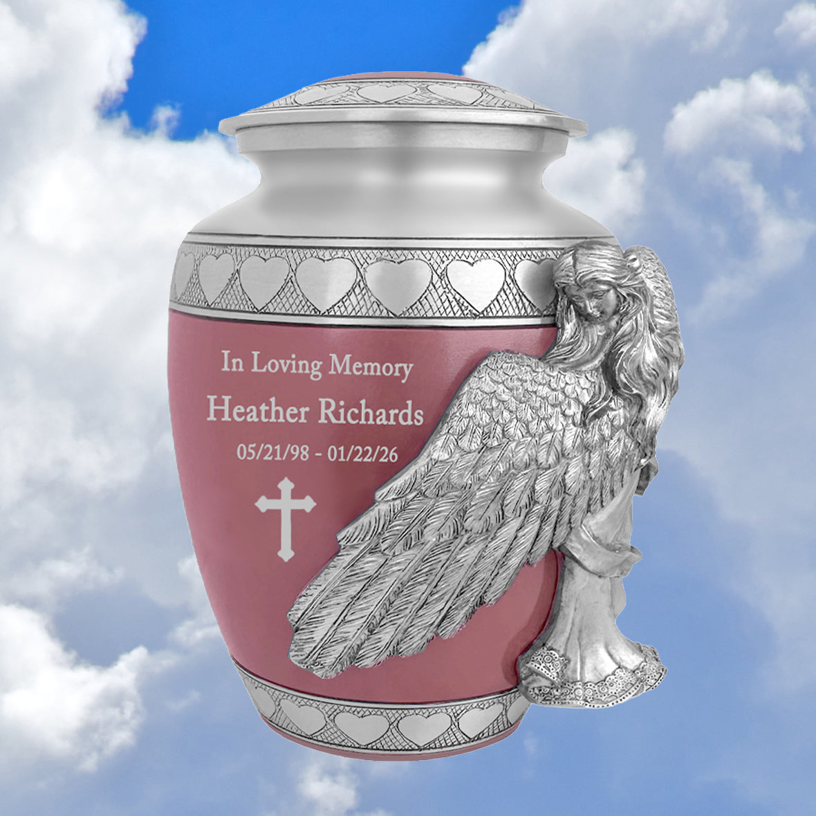 Medium, Youth or Pet Wings of an Angel Pink Hearts Urn - Pro Laser Engraving