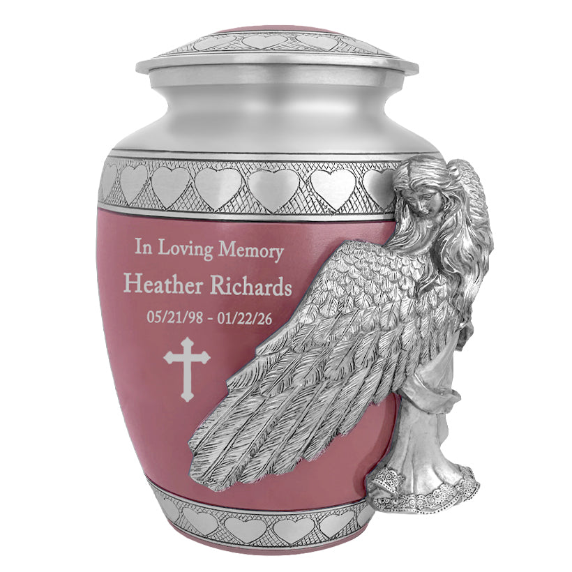 Medium or Youth Wings of an Angel Pink Hearts Urn - Pro Laser Engraving