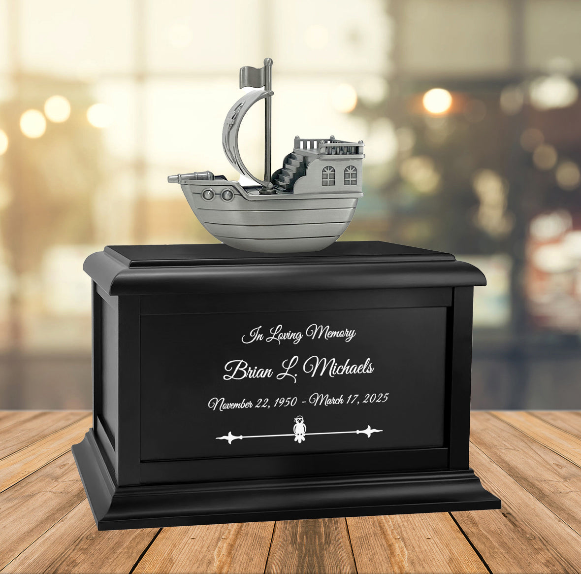 Pirate Ship Redwood or Black Matte Urn - Adult or Medium Sized Cremation Urn
