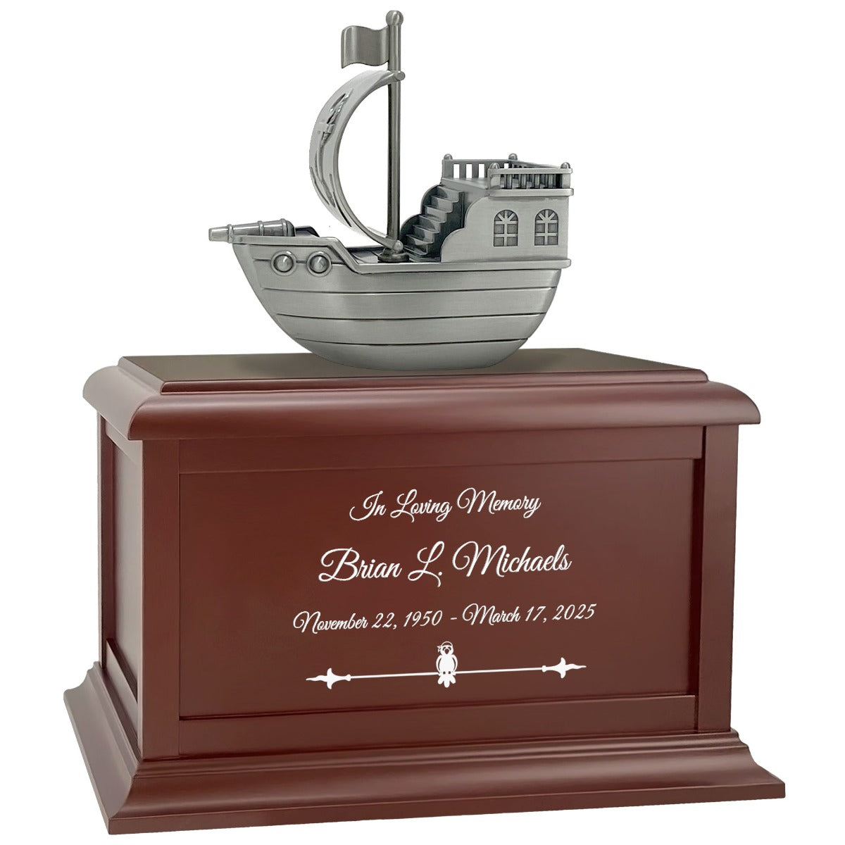 Pirate Ship Redwood or Black Matte Urn - Adult or Medium Sized Cremation Urn