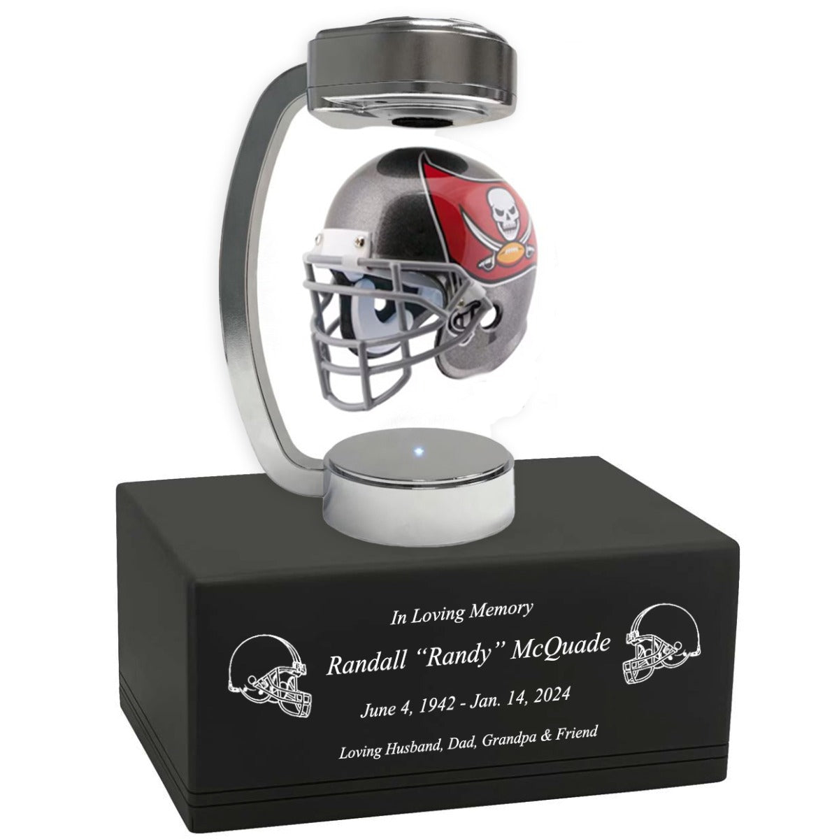 Football Adult or Medium Cremation Urn & Tampa Bay Buccaneers Hover Helmet Décor - Free Engraving