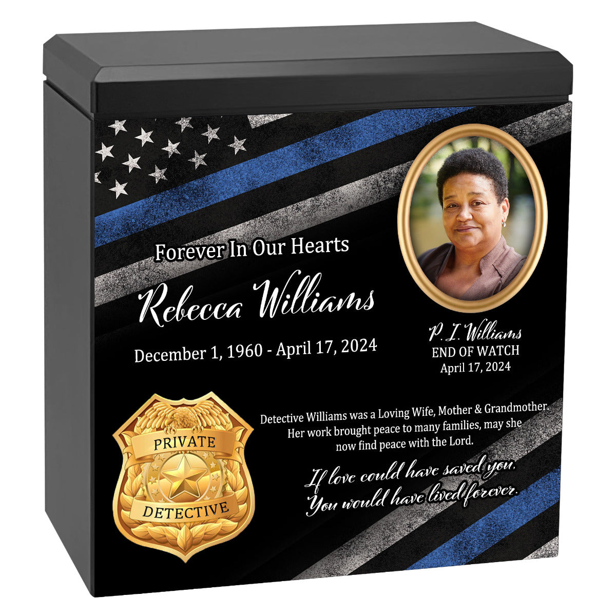 Police or Private Detective Cremation Urn - Thin Blue Line